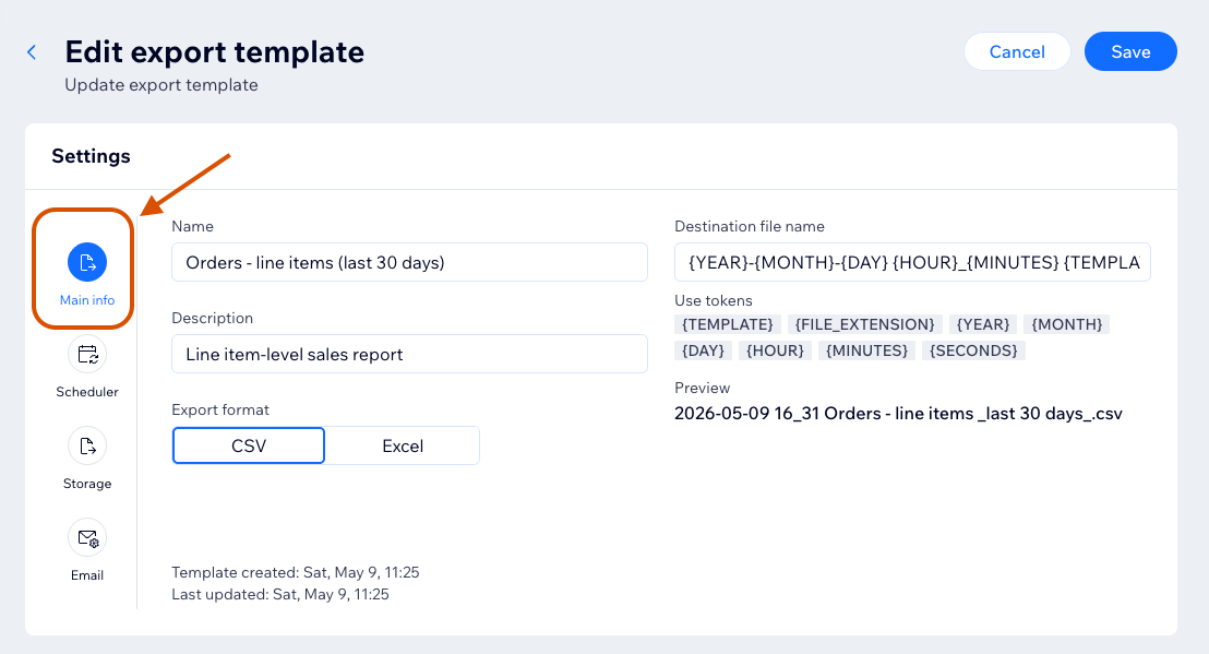 Template main info settings