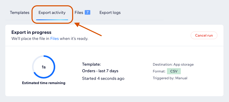 Export activity tab with running export