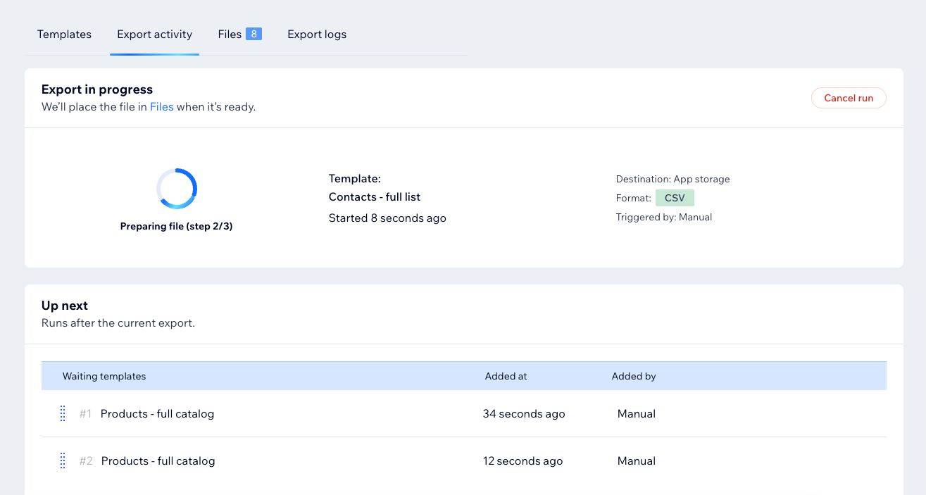 Export activity tab overview