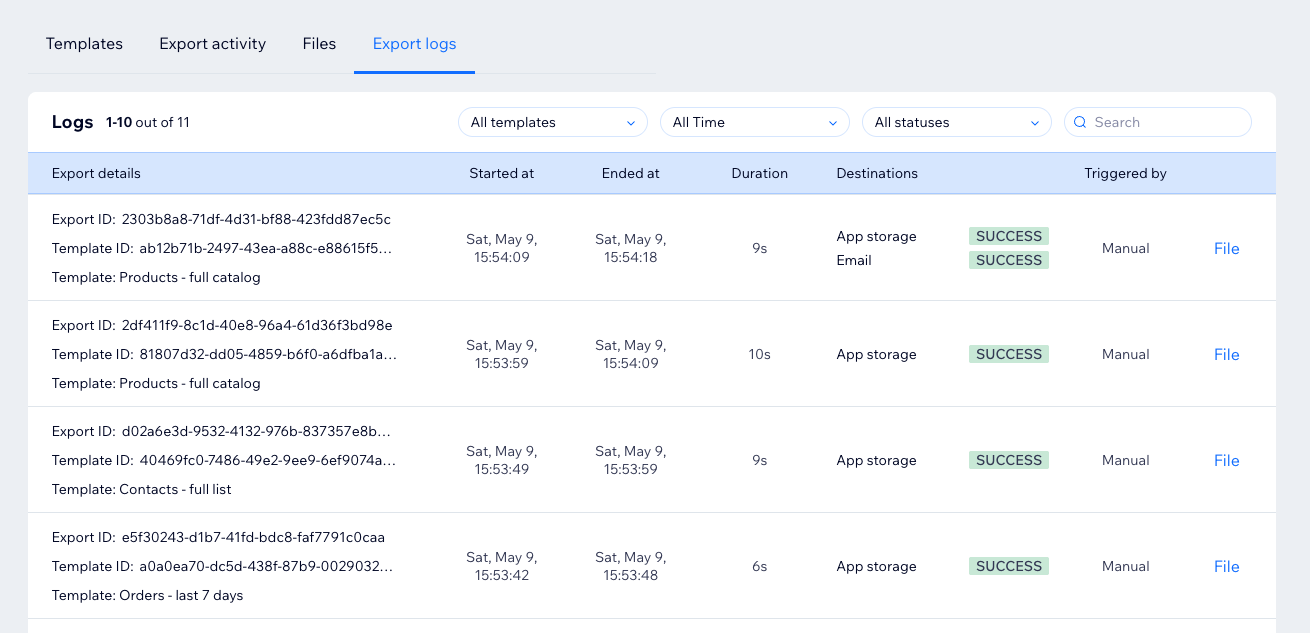 Export logs tab overview