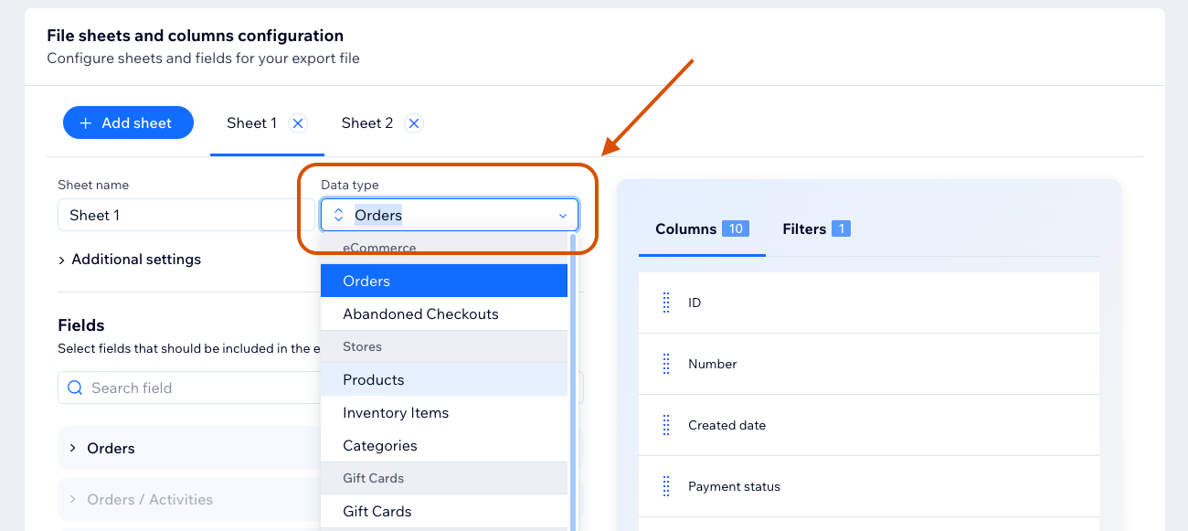 Sheet data type dropdown