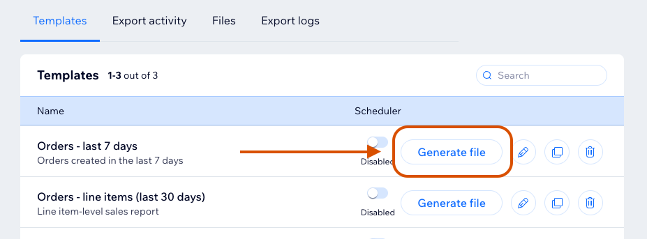 Template row with Generate file action