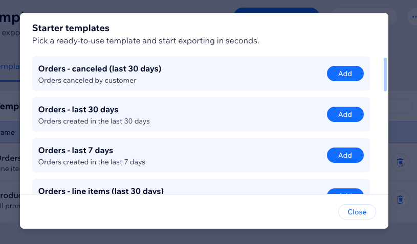 Predefined templates modal